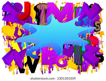 Blue Speech Bubble Graffiti with purple elements on abstract Background. Urban painting style backdrop. Busy discussion symbol in modern dirty street art decoration.