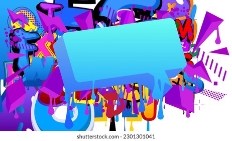 Blue Speech Bubble Graffiti with purple elements on abstract Background. Urban painting style backdrop. Busy discussion symbol in modern dirty street art decoration.