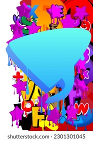 Blue Speech Bubble Graffiti with purple elements on abstract Background. Urban painting style backdrop. Busy discussion symbol in modern dirty street art decoration.