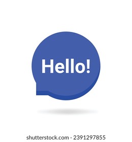 blue speech bubble with hello word. cartoon flat comic trendy simple logotype graphic art design isolated on white. concept of fun emblem like salutation and hi text in minimal popup or notice