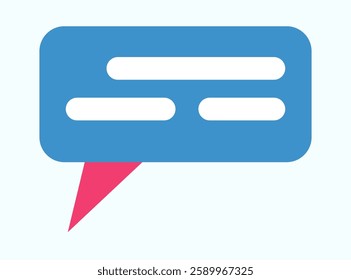 A blue speech bubble icon featuring white lines along with a pink arrow