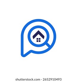 Uma bolha de fala azul ou pino de localização incorpora um ícone de casa dentro de uma lupa, significando pesquisa de propriedade ou insights imobiliários
