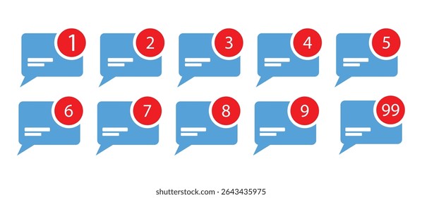 Blue Speech Bubble Notification Icons – Vector Set with Alert Numbers for Messaging