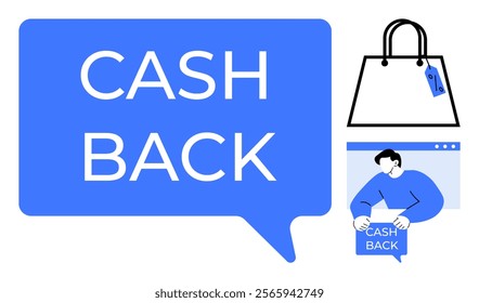 A blue speech bubble reads Cash Back. A shopping bag with a price tag and a person holding a box labeled Cash Back are visible. Ideal for finance, e-commerce, savings, retail, consumer benefits