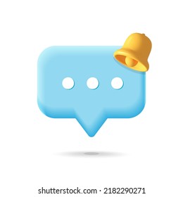 Blue speech bubble reminder notification symbol with yellow bell icon 3d vector design illustration. Reminder notice, push notification, popup balloon, email web symbol concept.