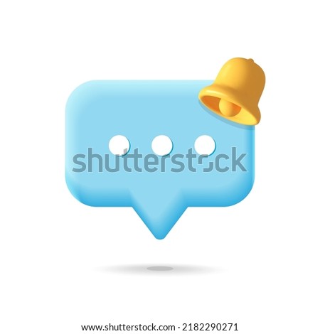 Blue speech bubble reminder notification symbol with yellow bell icon 3d vector design illustration. Reminder notice, push notification, popup balloon, email web symbol concept.