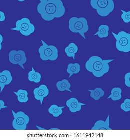 Blue Speech bubble with sad smile icon isolated seamless pattern on blue background. Emoticon face.  Vector Illustration