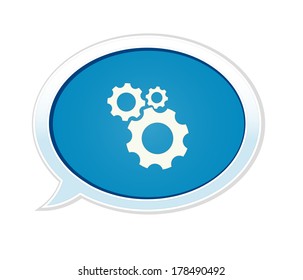 The blue speech bubble with the setting symbol / the glossy bubble with cogwheel icon / the cogwheel icon