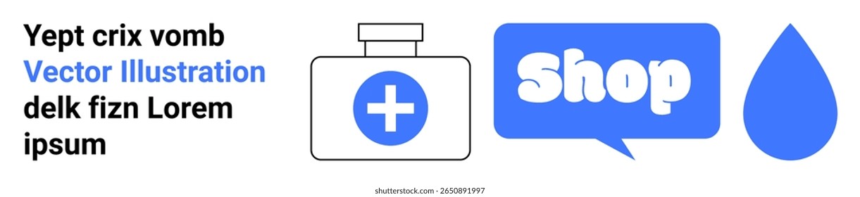 Bolha de fala azul com Shop, uma garrafa médica com uma cruz e uma gota de água. Ideal para serviços de saúde on-line, comércio eletrônico, marketing digital, plataformas de compras relacionadas à saúde e Web