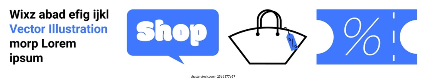 Blue speech bubble with shop text, white shopping bag with a tag, blue discount coupon with percentage symbol. Ideal for online shopping, retail promotions, e-commerce websites, discount sales