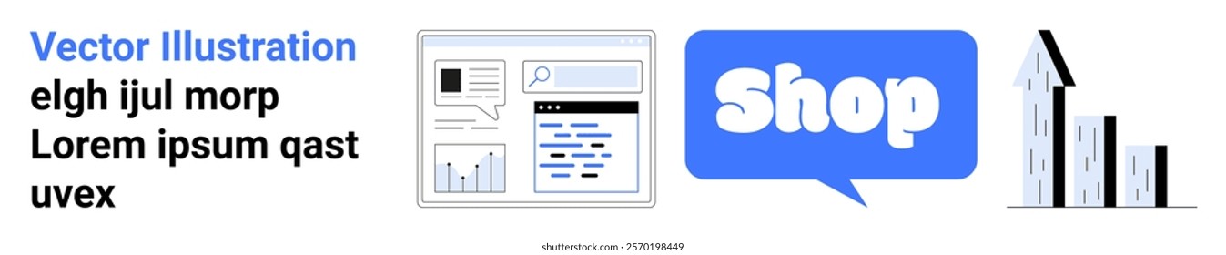 Blue speech bubble with Shop text, website interface with charts, and upward-pointing bar graph. Ideal for e-commerce, digital marketing, online business, growth strategies, and data analysis. Banner