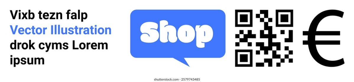 Blue speech bubble with Shop text in white, black QR code, and black Euro symbol. Ideal for online shopping, e-commerce, digital transactions, payment processing, retail marketing. Banner landing