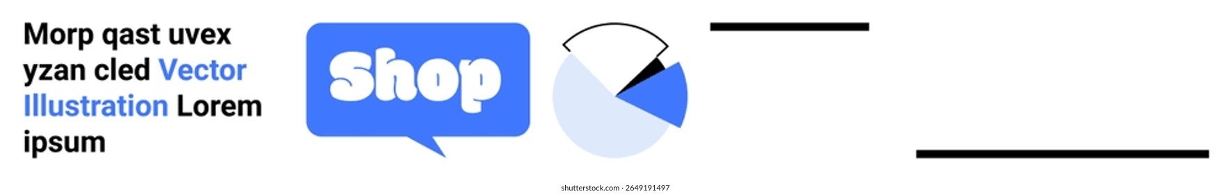 Blue speech bubble with shop text and circular analytics chart with growth sections. Ideal for online shopping platforms business growth data analysis and marketing strategies. Banner for landing