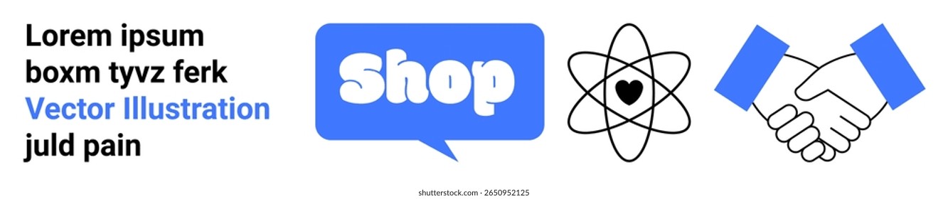 Bolha de fala azul com texto Compras, átomo com um coração e símbolos de aperto de mão. Ideal para comércio eletrônico, parcerias, colaboração, comunicação científica e negócios on-line. Faixa para a página inicial