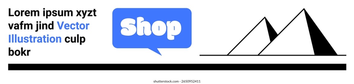 Blue speech bubble with Shop text on left with lorem ipsum text above. Simplified black pyramid on right. Ideal for e-commerce, online shopping, marketing, promotions, and digital sales. Banner