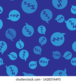 Blue Speech bubble with snoring icon isolated seamless pattern on blue background. Concept of sleeping, insomnia, alarm clock app, deep sleep, awakening.  Vector Illustration