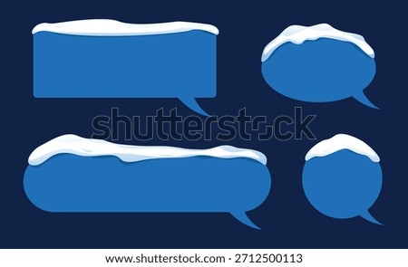 Blue speech bubble template with white snow for sale and discount designs. Winter frost. Freeze blank frame. Communication dialog. Chat balloon. Wintertime discussion. Vector conversation clouds set