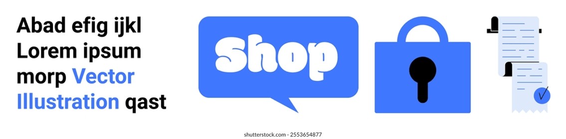 Blue speech bubble with text Shop, padlock, documents with checkmark, and sample text. Ideal for online shopping, security, e-commerce protection, data privacy, and digital transactions. Landing page