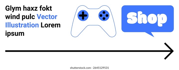 Blue speech bubble with the text Shop next to a game controller image. Ideal for shopping, gaming, online stores, product promotion, and digital marketing themes. Banner for landing page