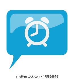 Blue speech bubble with white Alarm Clock icon on white background