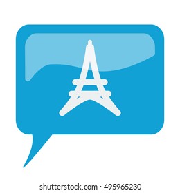 Blue speech bubble with white Eiffel Tower icon on white background