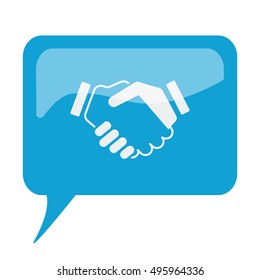 Blue speech bubble with white Handshake Agreement icon on white background