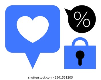 Blue speech bubble with a white heart, a black percentage symbol, and a blue padlock with a keyhole. Ideal for social media, privacy, online security, discounts, and digital marketing themes. Simple