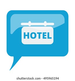 Blue speech bubble with white Hotel Sign icon on white background