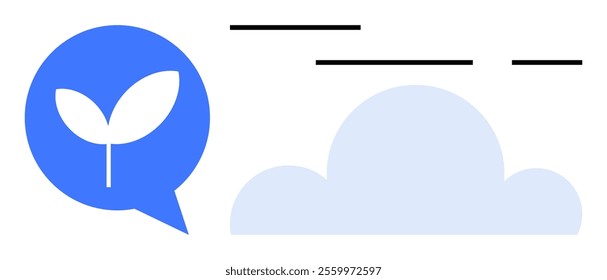 Blue speech bubble with white leaf and light blue cloud with black lines. Ideal for environmental topics, sustainable communication, weather apps, eco-friendly messages, nature themes. Simple flat