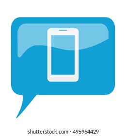 Blue speech bubble with white Mobile Phone icon on white background