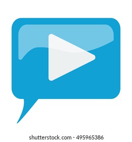 Blue speech bubble with white Play icon on white background