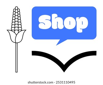 Blue speech bubble with white Shop text, black corn stalk and curved emblem highlight themes of agriculture, retail, communication, commerce and iconography. Ideal for farm logos, store signage