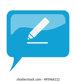 Blue speech bubble with white Sign Here icon on white background