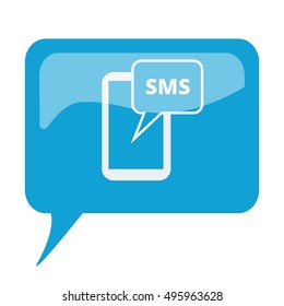 Blue speech bubble with white Sms icon on white background