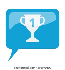 Blue speech bubble with white Trophy icon on white background