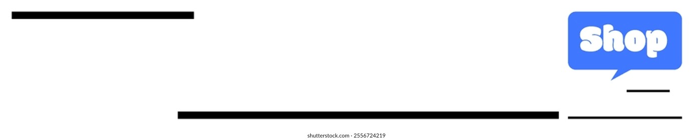 Blue speech bubble with the word Shop inside it and multiple horizontal black lines on a white background. Ideal for online stores, e-commerce platforms, retail promotions, shopping deals, digital