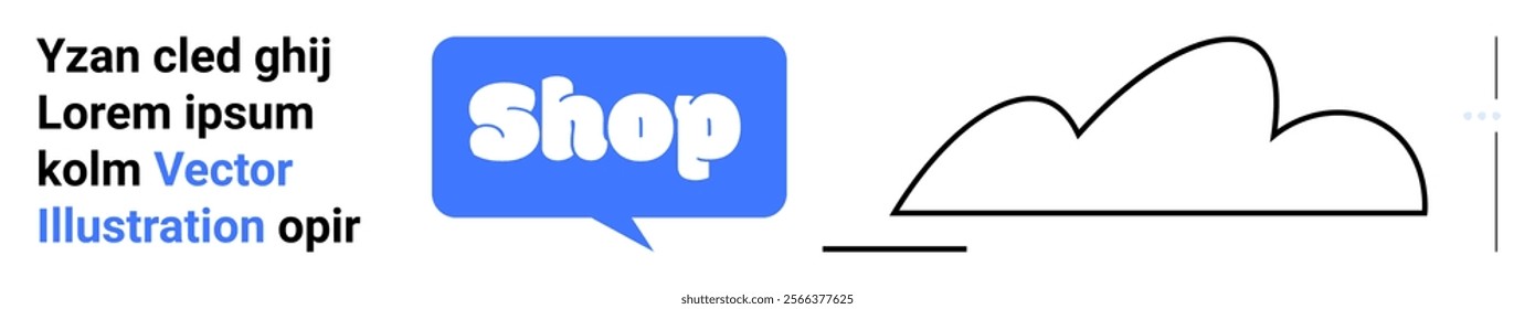 Blue speech bubble with the word Shop, text block on the left, and an abstract cloud-like shape on the right. Ideal for online shopping, marketing, communication, cloud services, digital platforms