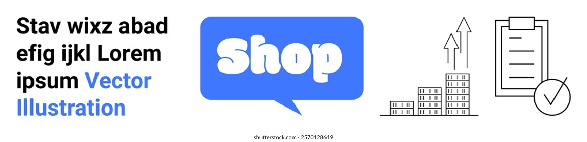 Blue speech bubble with the word Shop in bold white letters. Bar chart with arrows, buildings, and checklist with checkmark icons in black. Ideal for ecommerce, business growth, data analysis, task
