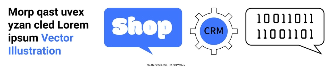 A blue speech bubble with the word Shop, a gear with CRM inside, and a dialogue bubble with binary code. Ideal for business development e-commerce solutions data management CRM systems web