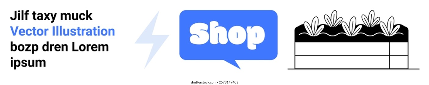 Blue speech bubble with the word Shop, and black and white botanical elements. Ideal for online stores, gardening websites, marketing banners, promotional materials, ecommerce design. Banner