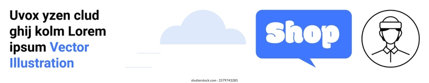 Blue speech bubble with the word Shop. Abstract cloud and an avatar of a person in a round frame. Ideal for e-commerce, digital marketing, online stores, branding, and user interfaces. Banner