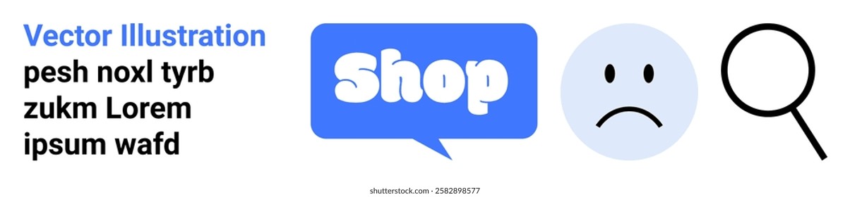 Blue speech bubble with the word Shop and search magnifying glass. Ideal for e-commerce, product search, online shopping, customer service, marketing. Banner for landing page