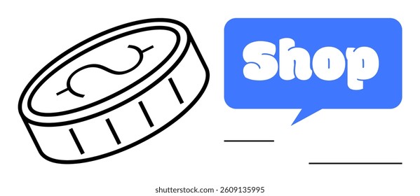 A blue speech bubble with the word shop next to a coin icon signifies online shopping and digital transactions. Ideal for e-commerce websites, financial services, digital marketing, online payment