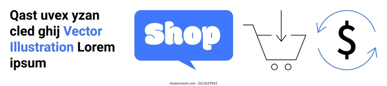 A blue speech bubble with the word Shop, a shopping cart icon, and a dollar symbol with circular arrows. Ideal for online shopping, e-commerce, retail, digital marketing, and financial transactions