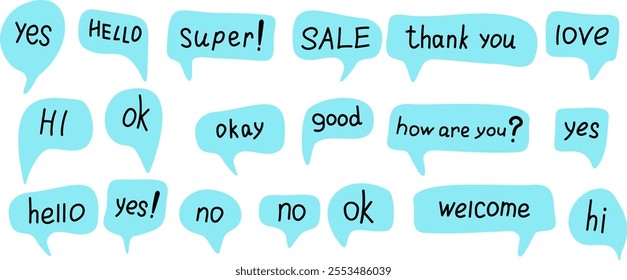 Blue speech bubbles with words of different sizes, Set of blue speech bubbles with words, for graphic design, for social media design