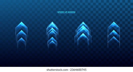 Blue speed growth up arrows set. Isolated digital abstract arrow with glowing neon lines, connected dots on a dark background. Hologram boosting web signs in futuristic low poly wireframe style. 