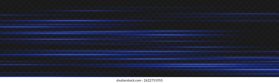 Blaue Geschwindigkeitslichtlinien im Bewegungsunscharf-Stil. Horizontale leuchtende Streifen auf dunklem Hintergrund, ideal für Neon UI, Energiewege und futuristische Tech-Elemente.