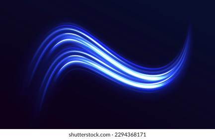 La velocidad azul se ilumina en el fondo oscuro. Vigas de luz láser abstractas. Líneas caóticas de neón. Tecnología de movimiento dinámico futurista.	