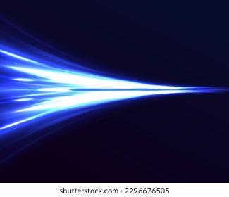 Blue speed lights on dark background. Abstract laser beams of light. Chaotic neon lines. Futuristic dynamic motion technology.	