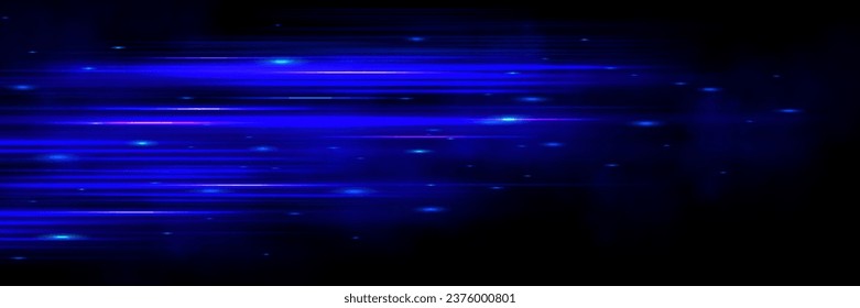 Efecto de la bengala de la línea de velocidad azul, resplandor de haz de banda horizontal. Rayo de movimiento láser neón con brillo y desenfoque. Resumen del movimiento rápido de la tecnología digital oscura. Banda especial brillante con chispa de flujo